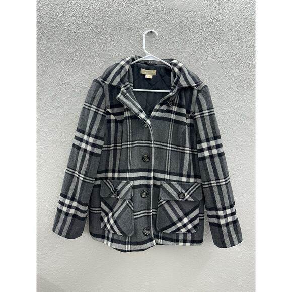 Natural Reflections Womens Peacoat Size Medium Grey Plaid Button Up Wool - Picture 1 of 16